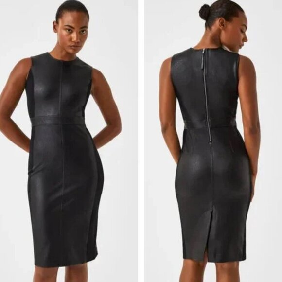 Spanx NWT Black Faux Leather Combo Sleeveless Sheath Dress O39 - Picture 1 of 9
